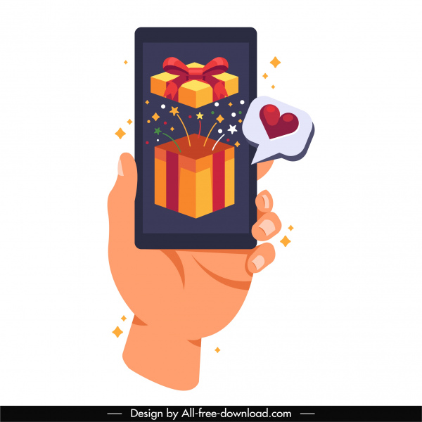 Smartphone-Werbung Hintergrund Cartoon Design Hand Geschenkbox Skizze