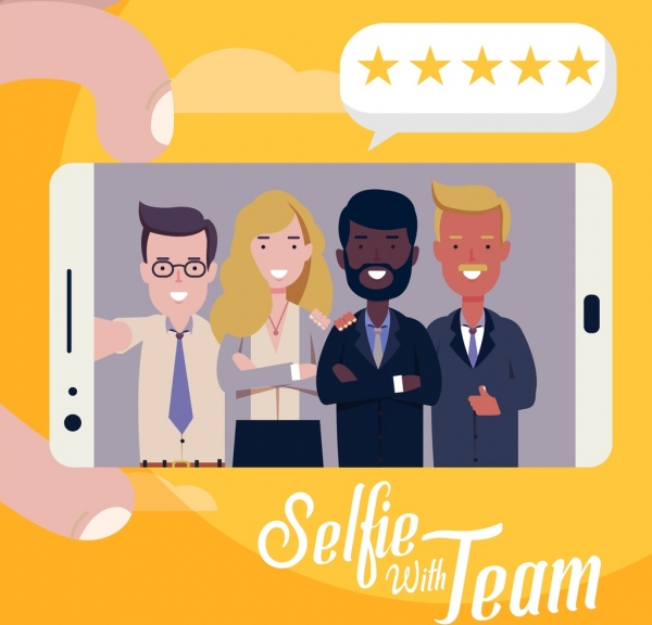 smartphone pubblicità sfondo selfie squadra icona cartone animato design