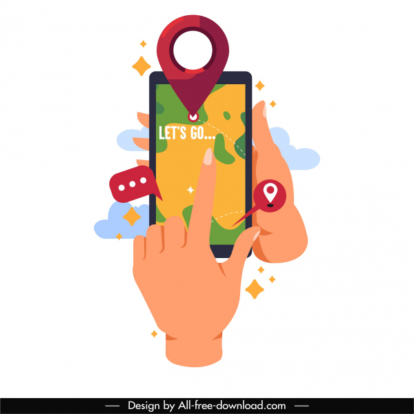 akıllı telefon navigasyon simgesi eller dokunmatik ekran kroki karikatür tasarım