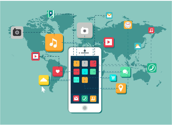 акции на смартфон с пользовательского интерфейса иконки и континентов иллюстрации