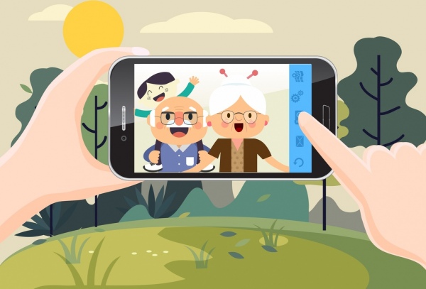 smartphone autoscatto schermo icone cartoon design pubblicità umano