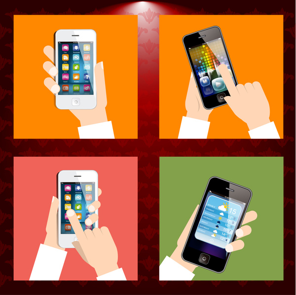 smartphones en ilustraciones de vectores de la mano con marco retro