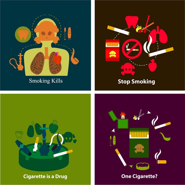 aviso de fumar banners de ilustração com vários símbolos