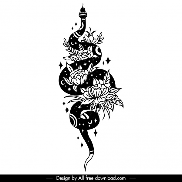 뱀 문신 템플릿 블랙 화이트 디자인 꽃 장식