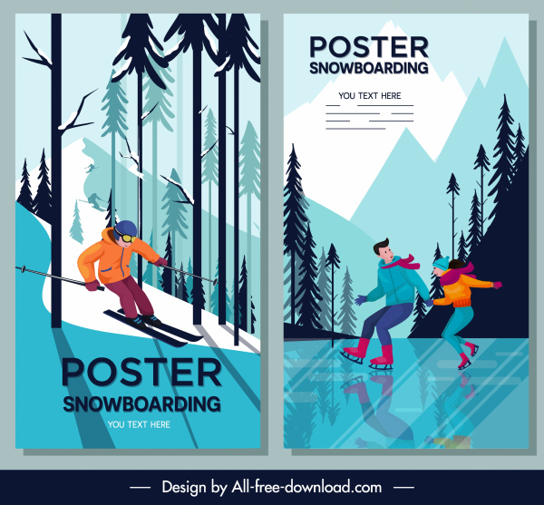 Trượt tuyết poster mẫu màu phim hoạt hình ký tự phác thảo