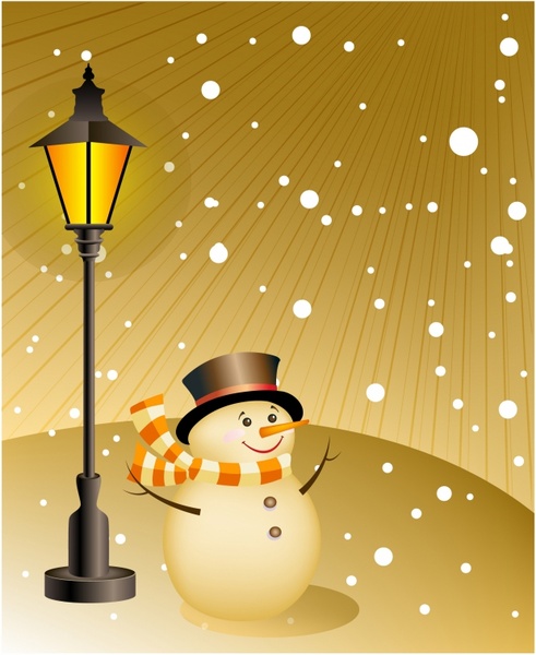 boneco de neve fica sob uma lâmpada em noite de neve