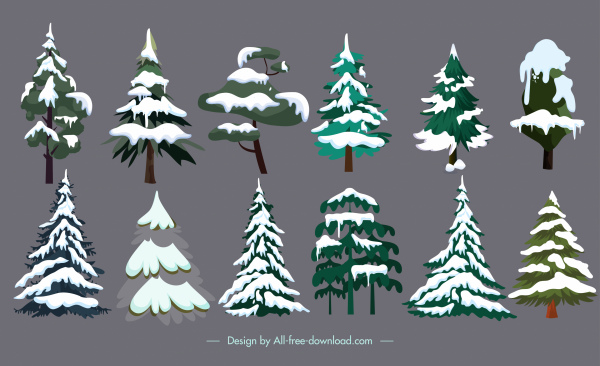 schneebedeckte Tannenbäume Ikonen farbige klassische Skizze