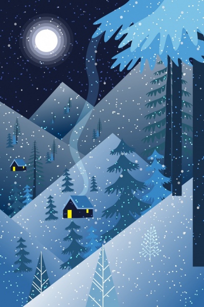 雪の風景が暗い青緑月光装飾を描画