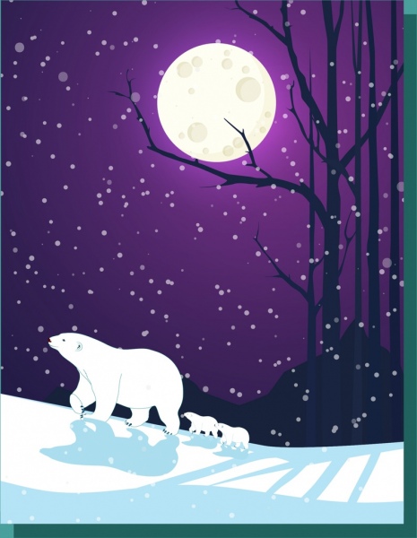 下雪的冬天背景白色的熊明月装饰