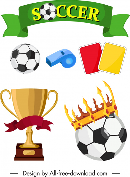 Fußball-Design-Elemente bunte Objekt Symbole Skizze