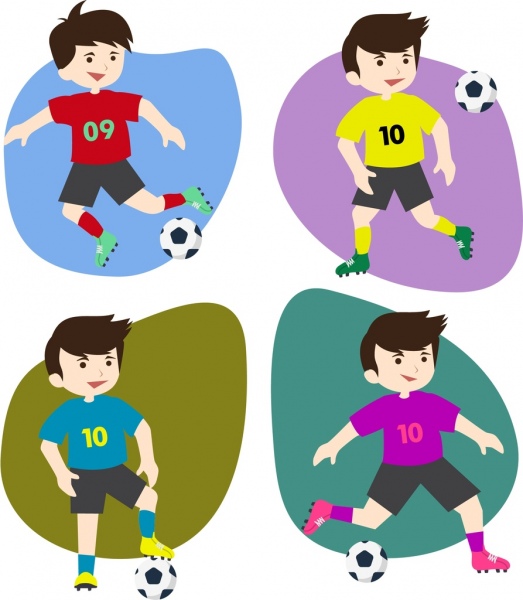 足球运动员图标收集各种彩色平面隔离