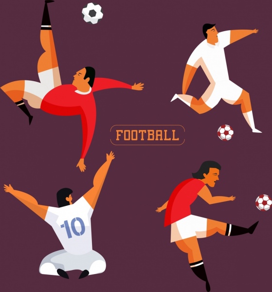 Fußball Spieler Symbole verschiedene Gesten farbige Cartoon