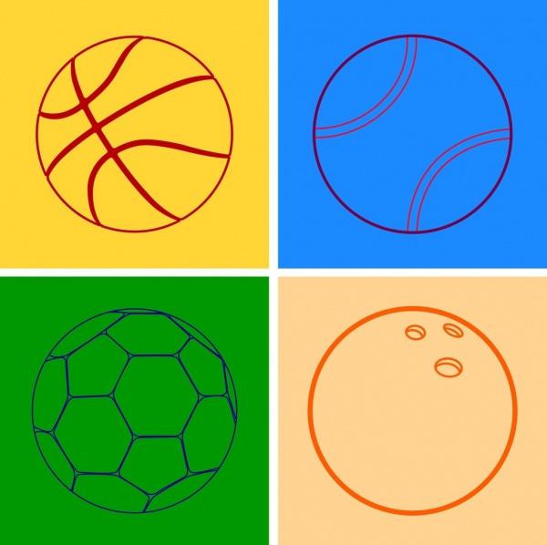 كرة القدم كرة المضرب وكره السلة كرات البولينج مخطط تصميم مسطح