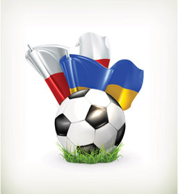 sepak bola dengan Polandia dan Ukraina mengkilap bendera vektor
