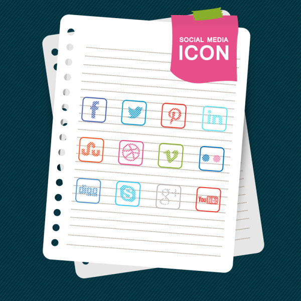 sosial media ikon dengan notebook vektor
