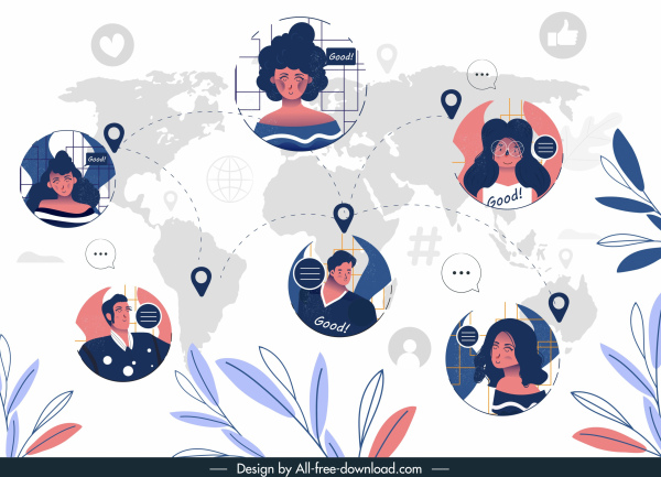 ソーシャルメディアネットワークの背景人間のアバターグローバルマップ