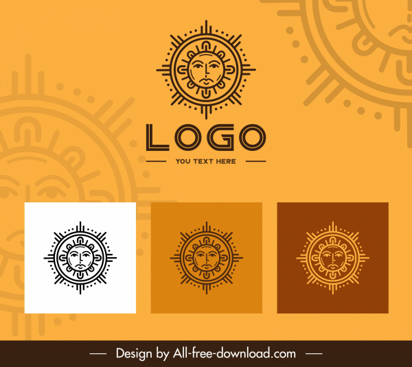 Solar-Logo-Vorlagen retro stilisierte flache symmetrische Skizze