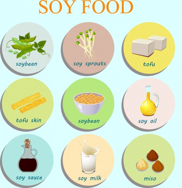 Alimentos de soja iconos distintos tipos de círculo de aislamiento