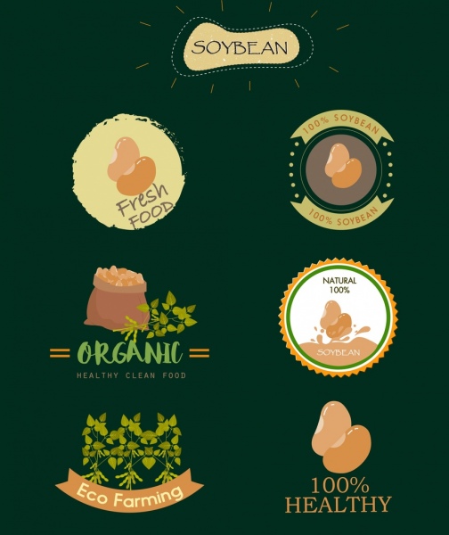 logotipos de soja várias formas multicoloridas isolamento
