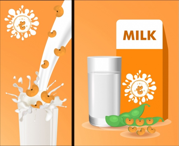 Botella de cristal de leche de soja salpicaduras de liquido iconos publicidad