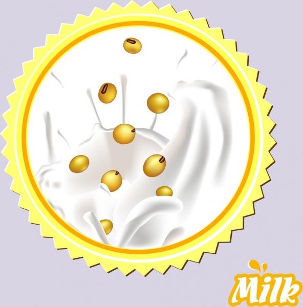 La leche de soja etiqueta plantilla maiz salpicaduras de liquido iconos