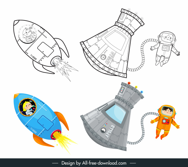 astronauta spaziale icone nero bianco colorato cartone animato disegnato a mano
