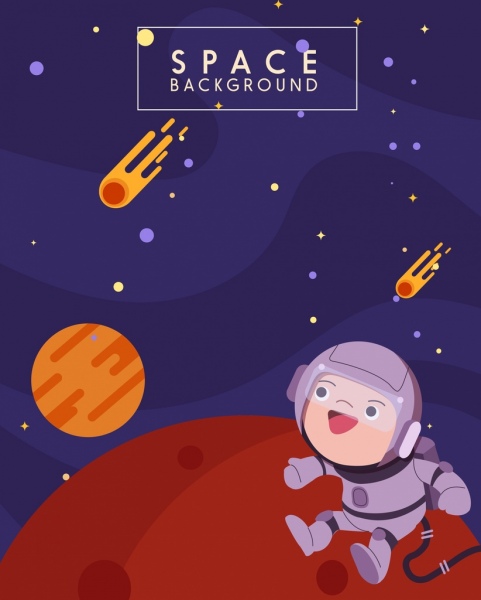diseño de dibujos animados de los iconos de astronauta de los planetas de fondo del espacio