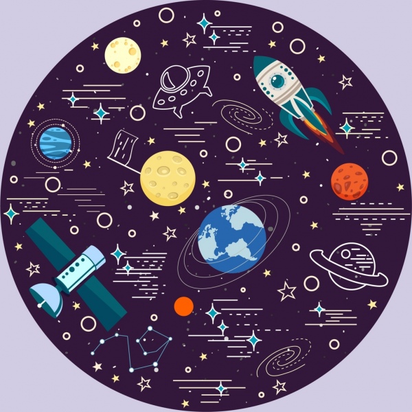 layout de círculo de ícones do satélite espaço fundo planetas