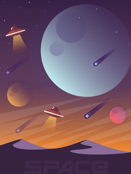 пространство фона планет НЛО иконы мультфильм дизайн