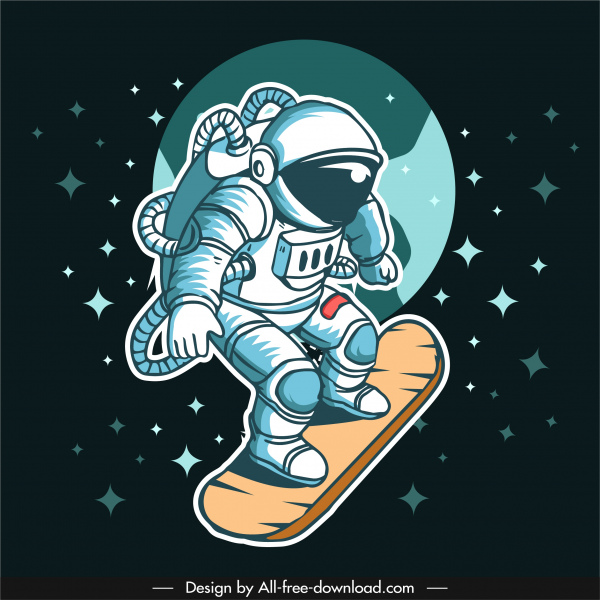 ruang latar belakang skateboarding astronot ikon kartun sketsa