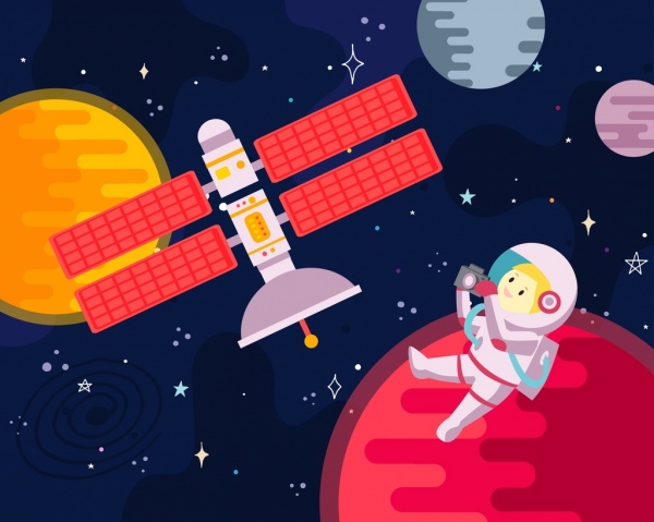 공간 배경 우주인 행성 위성 아이콘 만화 디자인