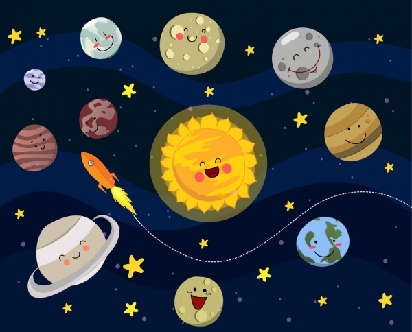 Weltraum Hintergrund stilisierte Planeten Symbole Spaß Emoticon