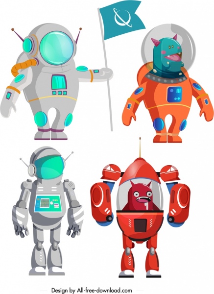 ícones de personagens espaciais design colorido dos desenhos animados