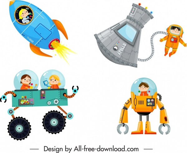 ícones de personagens espaciais design moderno esboço dos desenhos animados