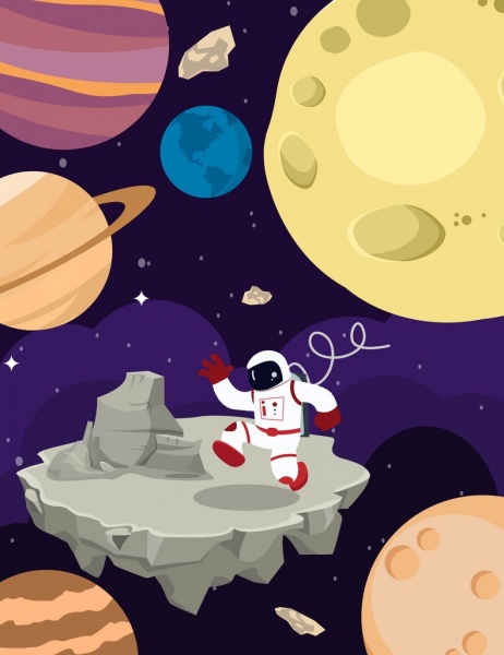 espace exploration fond astronaute planètes icônes cartoon design
