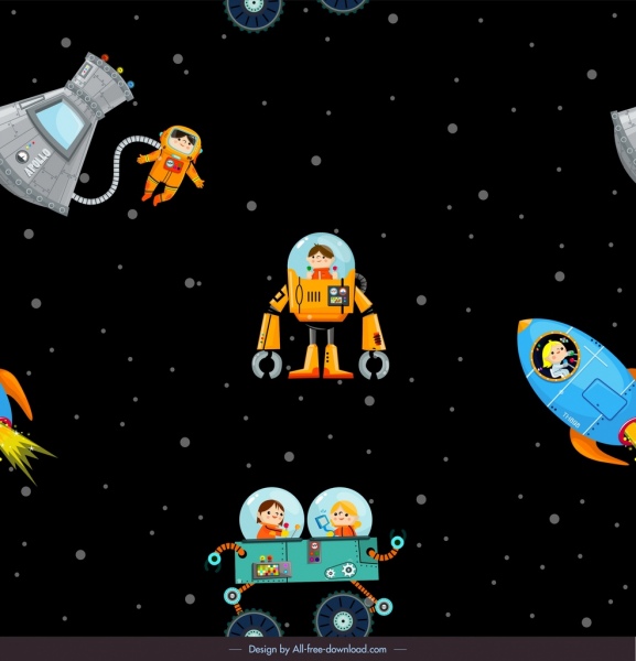 Latar belakang eksplorasi ruang angkasa astronot ikon pesawat ruang angkasa karakter kartun