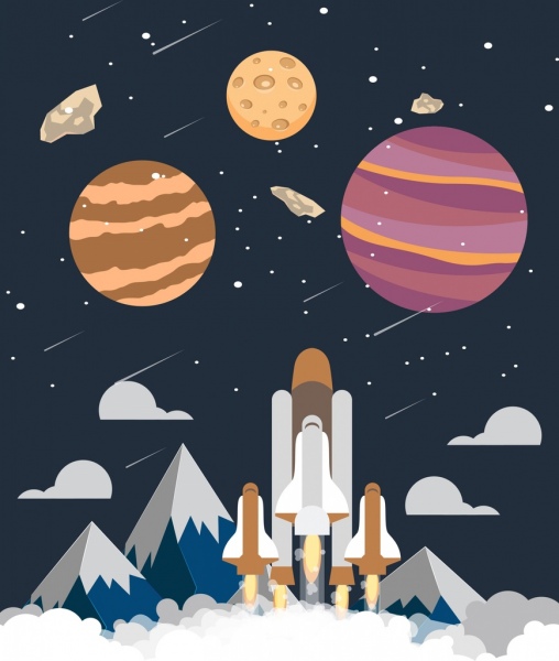 exploração espacial fundo lançamento ícones de planetas de navio