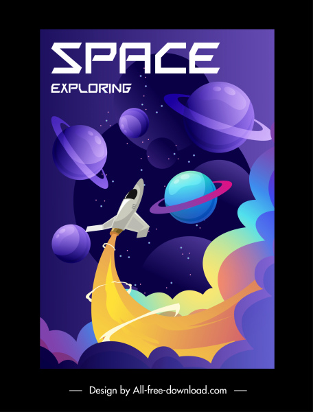 poster eksplorasi ruang angkasa sketsa planet pesawat ruang angkasa dinamis