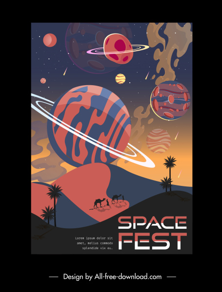 우주 축제 배너 행성 사막 스케치 어두운 디자인