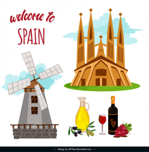 İspanya turizm afiş ulusal elemanlar kroki