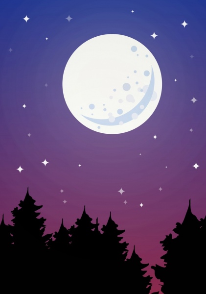輝く丸い月光の背景の木のシルエットの装飾