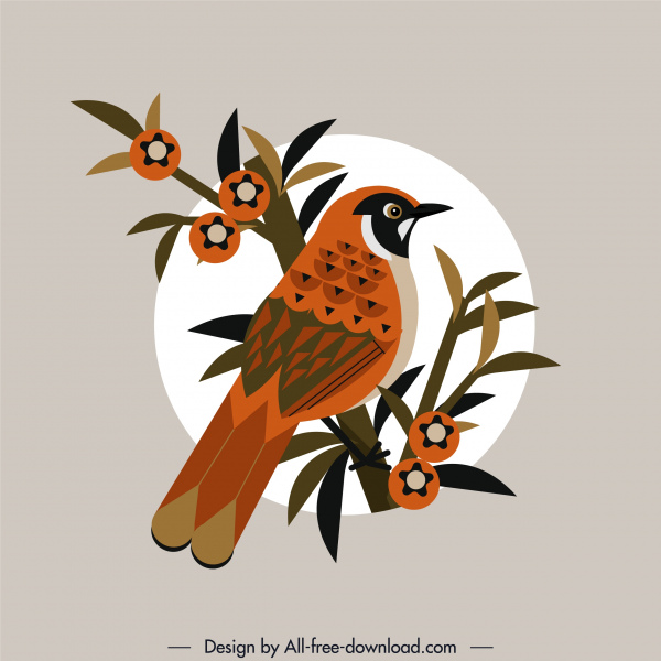 麻雀鳥畫彩色復古設計。