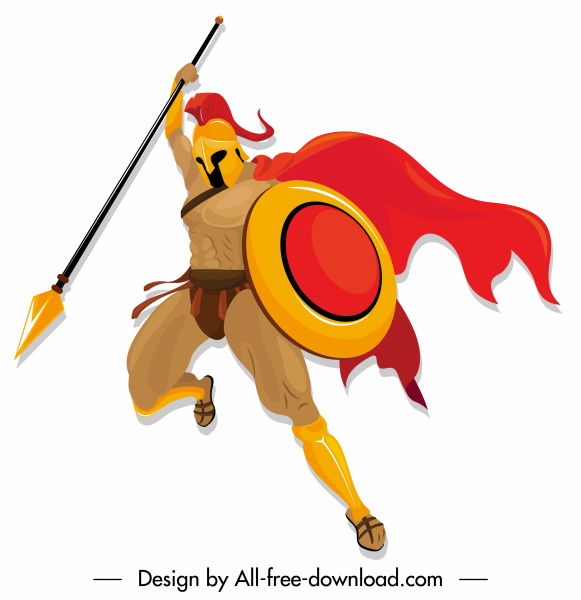Cavaleiro espartano ícone atacando gesto colorido personagem de desenho animado