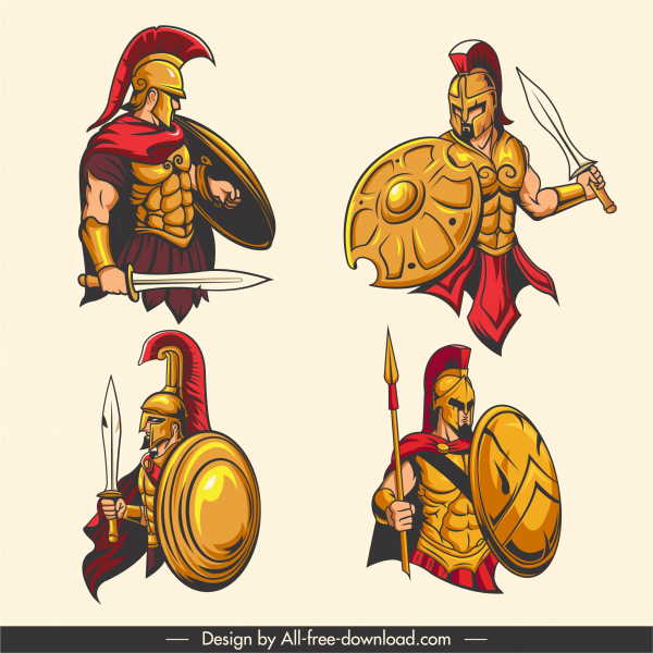 ícones guerreiros espartanos elegantes desenho desenho animado esboço de personagem
