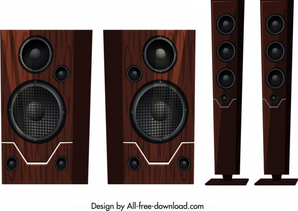 modèles d’icônes de haut-parleur design réaliste en bois brun élégant