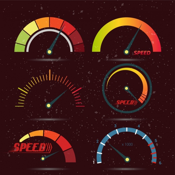 elementos de design de velocidade ícones de velocímetro plano multicolorido
