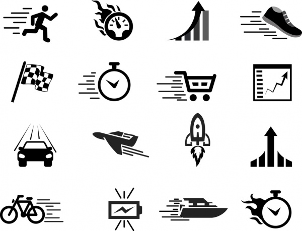 elementi di disegno velocità varie icone piatte bianche nere