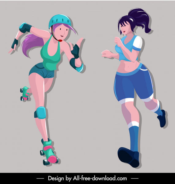 desporto menina ícones Jogger Skater esboço personagens de desenhos animados