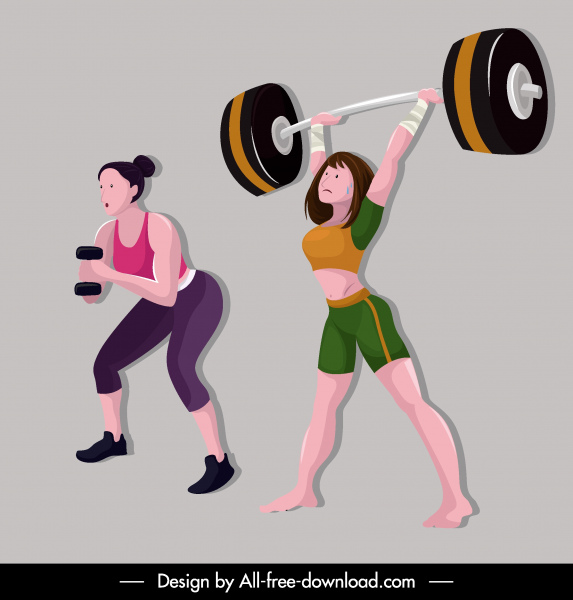 Sport Girl Icons Weight Lifting Sketch Cartoon Characters-vector  People-free Vector Free Download