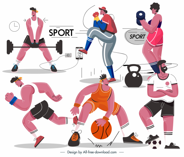 atletas esportivos ícones desenho animado personagens esboço